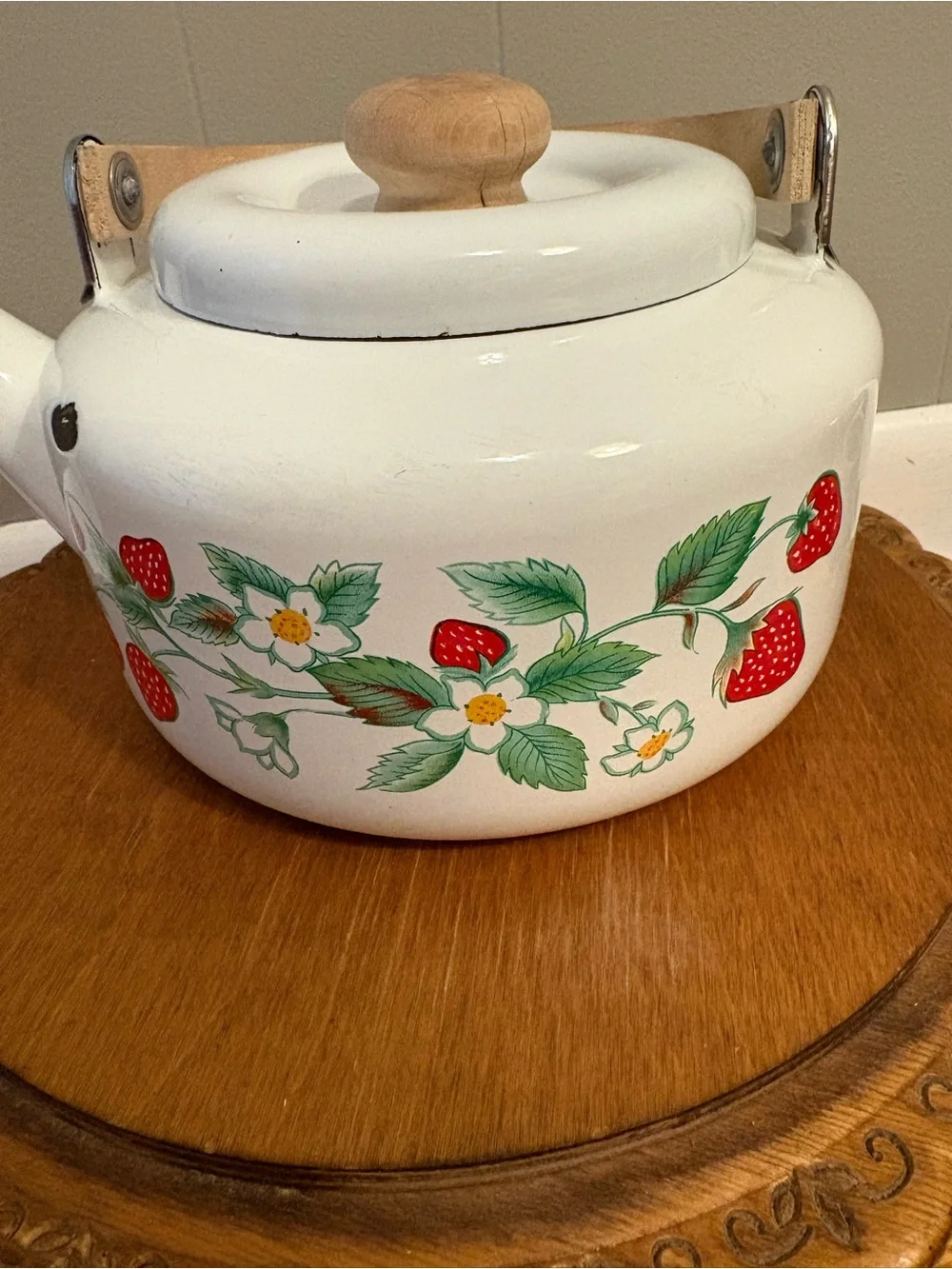 White Strawberry Floral Teapot with Wooden Handle